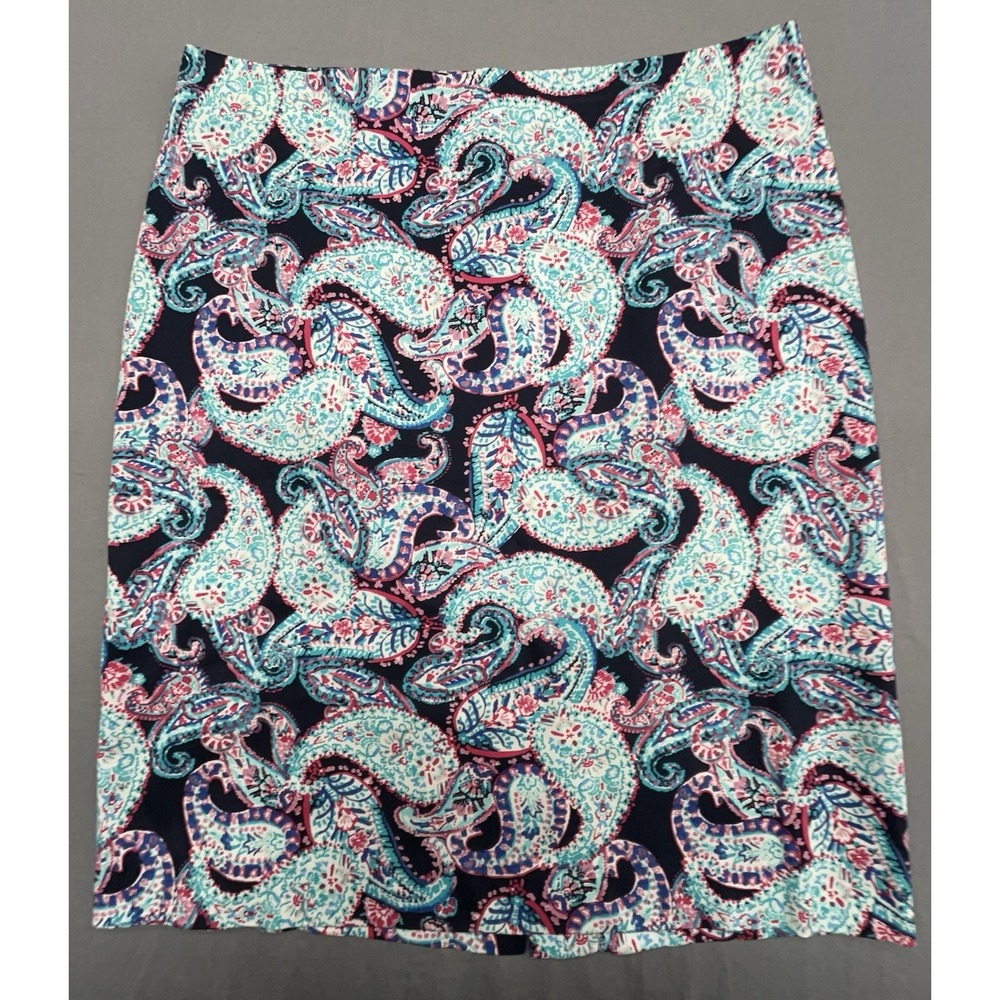 Talbots Pencil Skirt 10P‎ Blue Paisley Cotton Stretch Preppy Coastal Artsy
